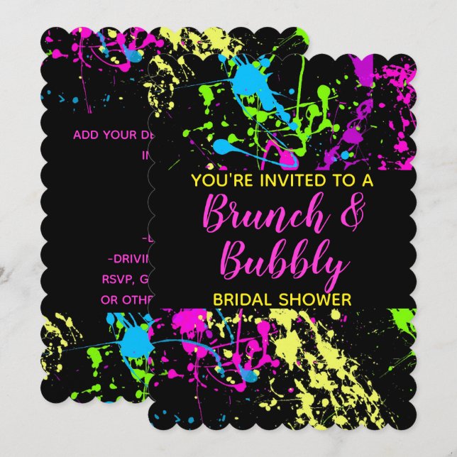 Brunch Bubbly Brautparty Neon Paint Spritzer Einladung (Vorne/Hinten)