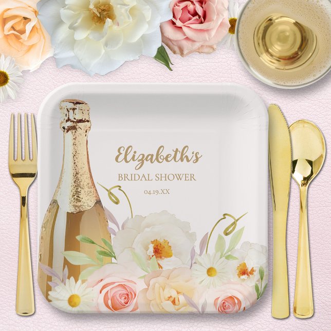 Brunch & Bubbly Brautparty Pappteller (Brunch & Bubbly garden floral bridal shower square paper plates - 2 sizes available)