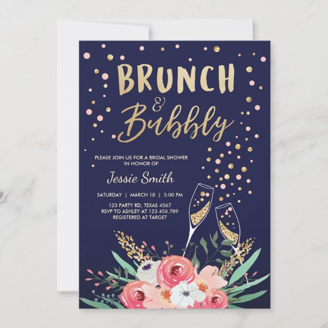 Brunch & Bubbly Brautparty Pink Gold Champagne Einladung (Vorderseite)