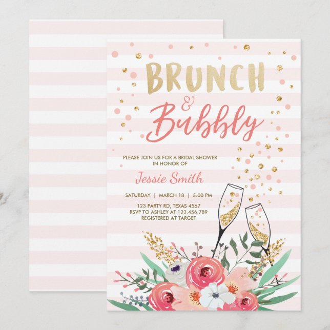 Brunch & Bubbly Brautparty Pink Gold Champagne Einladung (Vorne/Hinten)