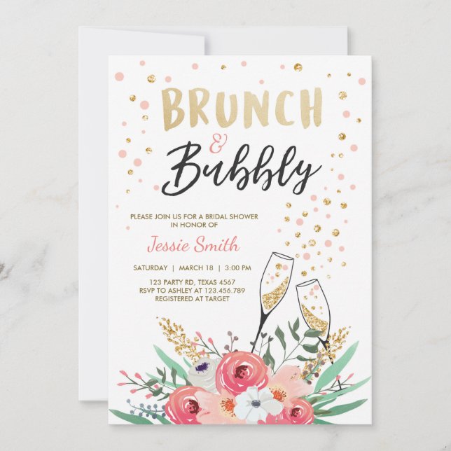 Brunch & Bubbly Brautparty Pink Gold Champagne Einladung (Vorderseite)