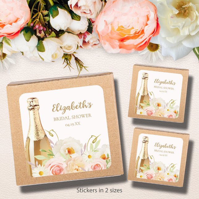 Brunch & Bubbly Brautparty Quadratischer Aufkleber (Brunch & Bubbly blush floral bridal shower square stickers - choose 1-1/2" or 3" )