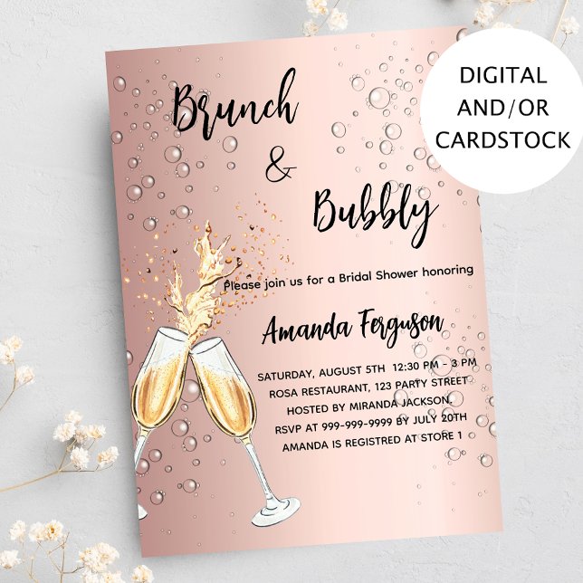 Brunch Bubbly Brautparty Rose Goldblasen Einladung (Von Creator hochgeladen)