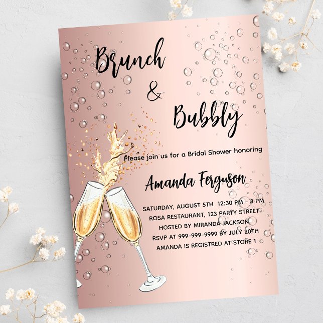 Brunch Bubbly Brautparty Rose Goldblasen Einladungspostkarte (Von Creator hochgeladen)