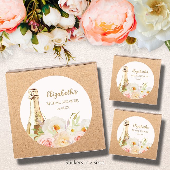 Brunch & Bubbly Brautparty Runder Aufkleber (Brunch & Bubbly blush floral bridal shower round stickers - choose 1-1/2" or 3" )