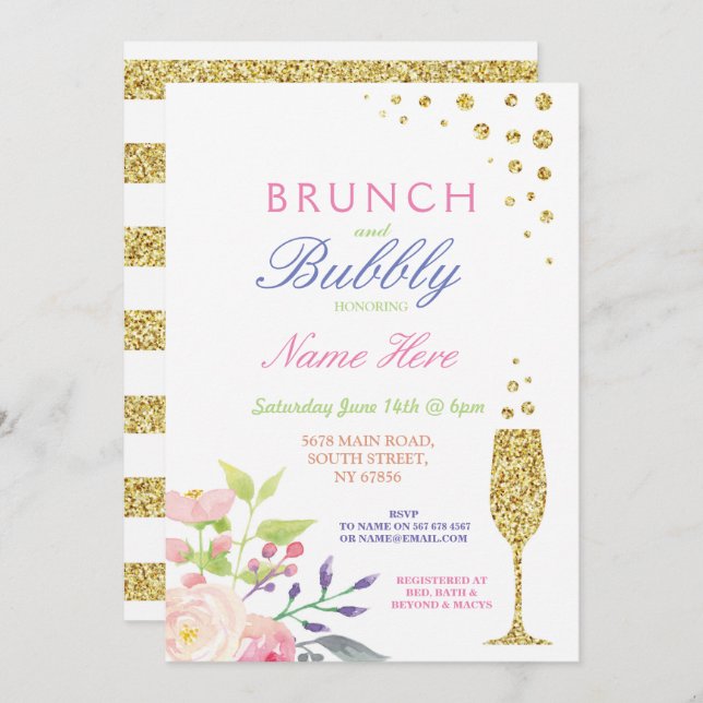 Brunch & Bubbly Brautparty Sweet Floral Einladung (Vorne/Hinten)