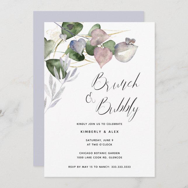 Brunch Bubbly Brautparty Watercolor Eucalyptus Einladung (Vorne/Hinten)