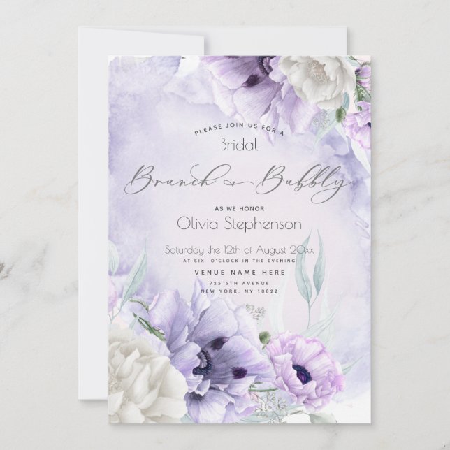 Brunch Bubbly Brautparty Watercolor Lilac Poppy Einladung (Vorderseite)