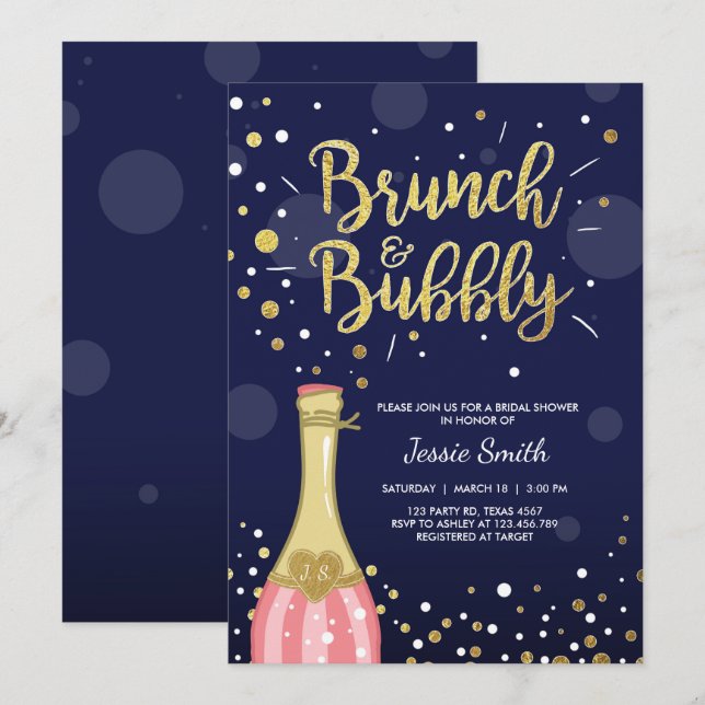 Brunch & Bubbly Bridal Dusche Einladung Navy Gold (Vorne/Hinten)