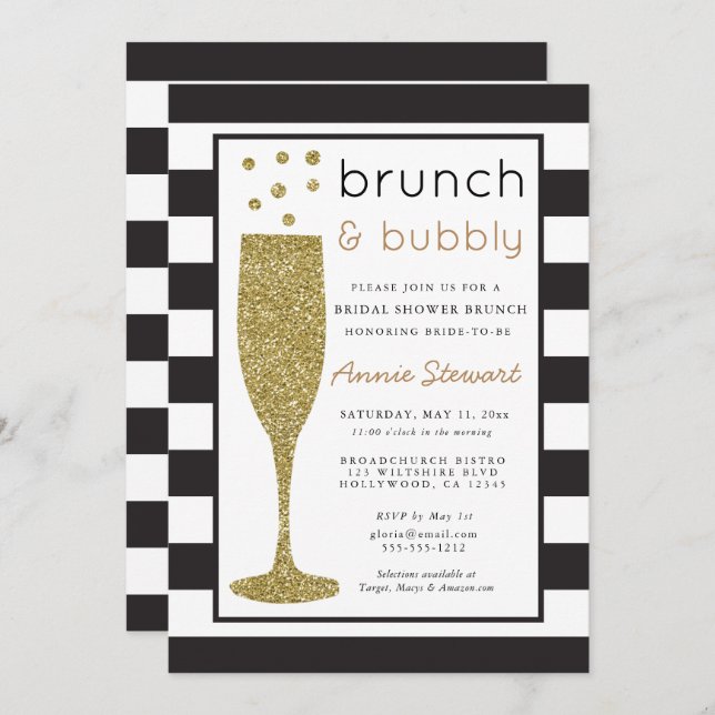 Brunch & Bubbly Bridal Shower Einladung Glitzer (Vorne/Hinten)