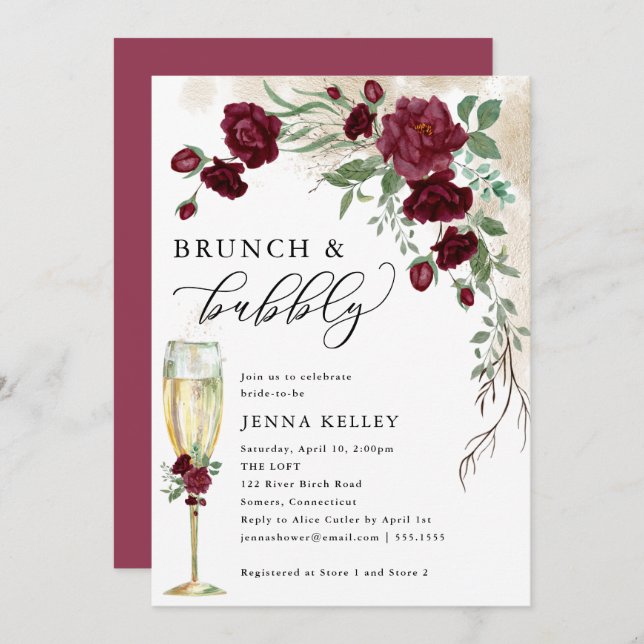 Brunch & Bubbly Burgund Rose Vine, Brautparty Einladung (Vorne/Hinten)