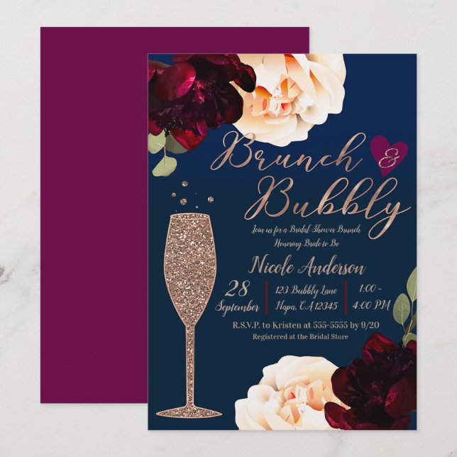 Brunch & Bubbly Champagne Dark Blue Brautparty Einladung (Vorne/Hinten)