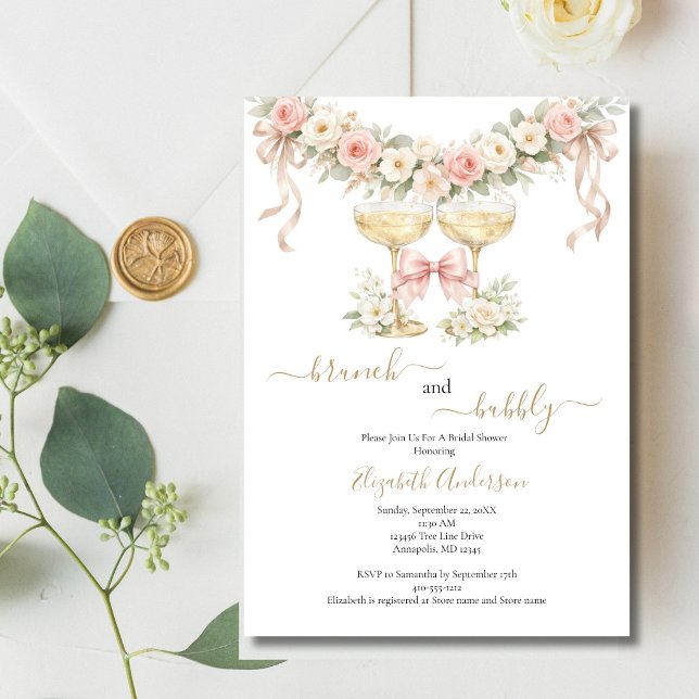 Brunch Bubbly Champagne Glass Pink Bridal Shower Einladung (Brunch Bubbly Pink Florals Champagne Glasses Bridal Shower Couples Shower Invitation. )