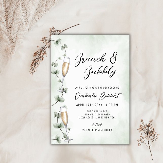 Brunch Bubbly Champagne Greenerenerity Baby Shower Einladung (Brunch Bubbly Champagne Greenery Baby Shower Invitation)