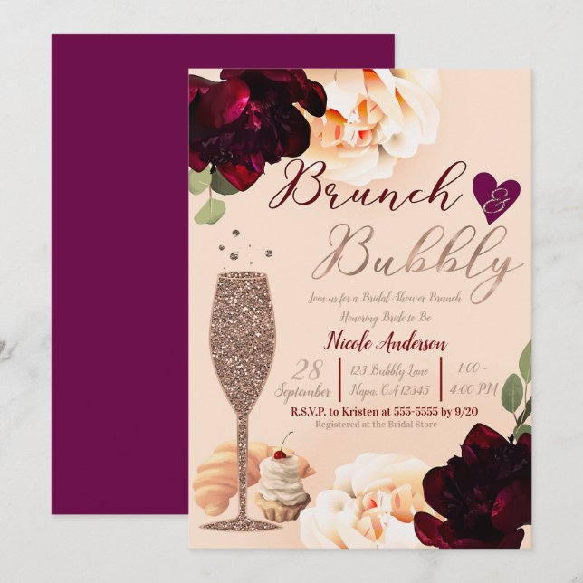 Brunch & Bubbly Champagner Peach Gold Brautparty Einladung (Vorne/Hinten)