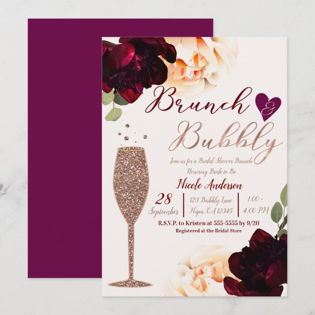Brunch & Bubbly Champagner Rose Gold Brautparty Einladung (Vorne/Hinten)
