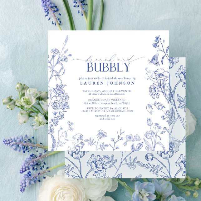 Brunch & Bubbly Dusche mit blauer und weißer Blume Einladung (Von Creator hochgeladen)