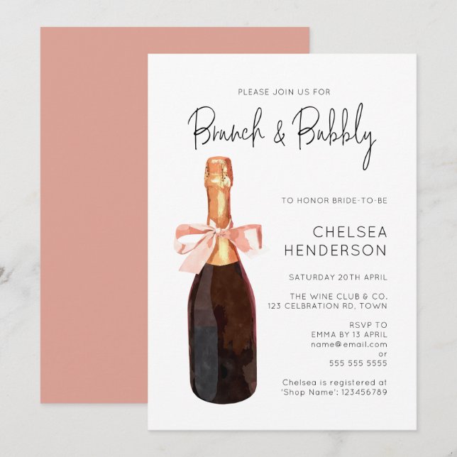 Brunch & Bubbly Dusche mit rosa Champagner Einladung (Vorne/Hinten)