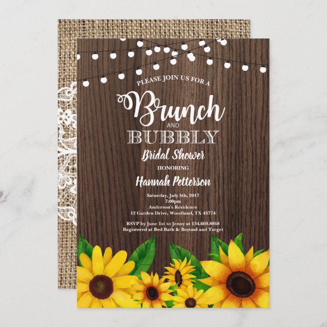 Brunch & Bubbly Einladung Sonnenblumen rustikal (Vorne/Hinten)