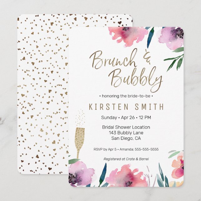 Brunch & Bubbly Floral Brautparty Einladung (Vorne/Hinten)