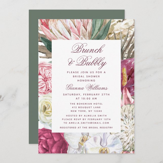 Brunch & Bubbly Floral Brautparty Einladung (Vorne/Hinten)