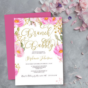 Brunch & Bubbly Florales Rosa und Goldenes Brautba Einladung