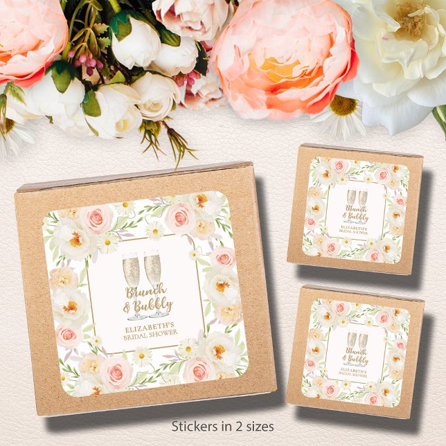 Brunch & Bubbly Garden Brautparty Quadratischer Aufkleber (Brunch & Bubbly blush floral bridal shower square stickers - 3" and 1-1/2" )