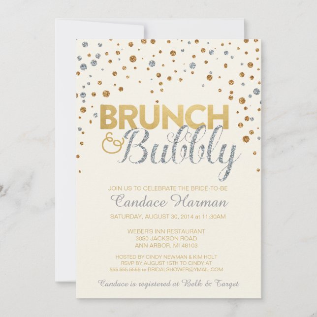 Brunch & Bubbly Glitzer Bridal Dusche Einladung (Vorderseite)