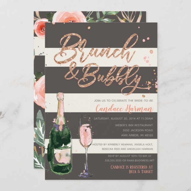 Brunch & Bubbly Glitzer Rose Grau Brautparty Einladung (Vorne/Hinten)