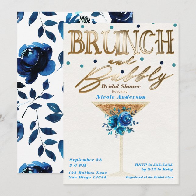 Brunch Bubbly Gold Aquamarin Blue Floral Brautpart Einladung (Vorne/Hinten)