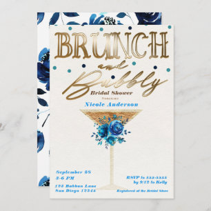 Brunch Bubbly Gold Aquamarin Blue Floral Brautpart Einladung