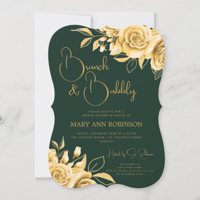 BRUNCH & BUBBLY Gold Floral Brautparty Emerald Einladung (Vorderseite)