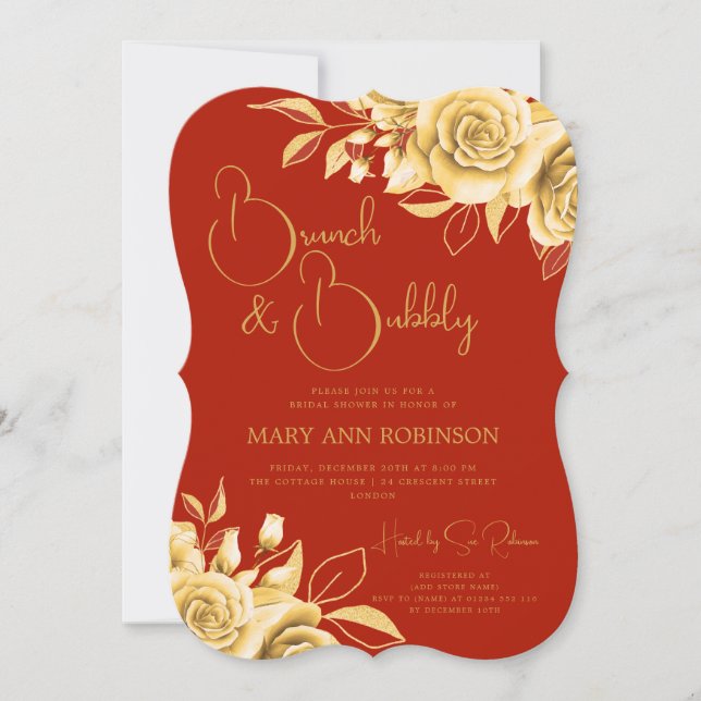 BRUNCH & BUBBLY Gold Floral Brautparty Red Einladung (Vorderseite)