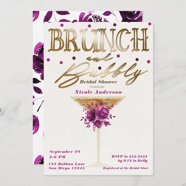 Brunch Bubbly Gold Pink Brautparty Einladung (Vorne/Hinten)