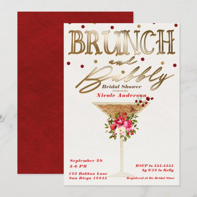 Brunch & Bubbly Gold Red Holiday Brautparty Einladung (Vorne/Hinten)