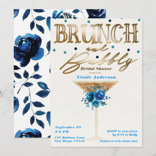 Brunch Bubbly Gold Türkis Blau Floral Brautparty Einladung