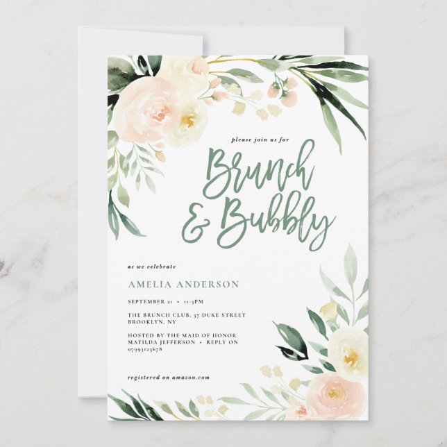 Brunch & Bubbly green und pfirsiche Aquarellblüte (Vorderseite)