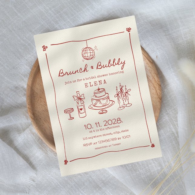 Brunch & Bubbly Handgezogenes Rotes Brautparty Einladung (Brunch & Bubbly Bridal Shower Invitation Hand Drawn Red Hand Illustrated Champagne Let's Toast)