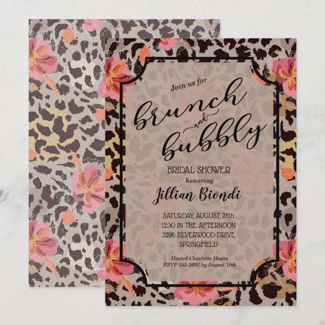 Brunch Bubbly Leopard Bridal Dusche Einladungen (Vorne/Hinten)
