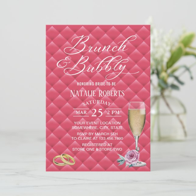 Brunch & Bubbly Luxury Pink Quilt Brautparty Einladung (Stehend Vorderseite)