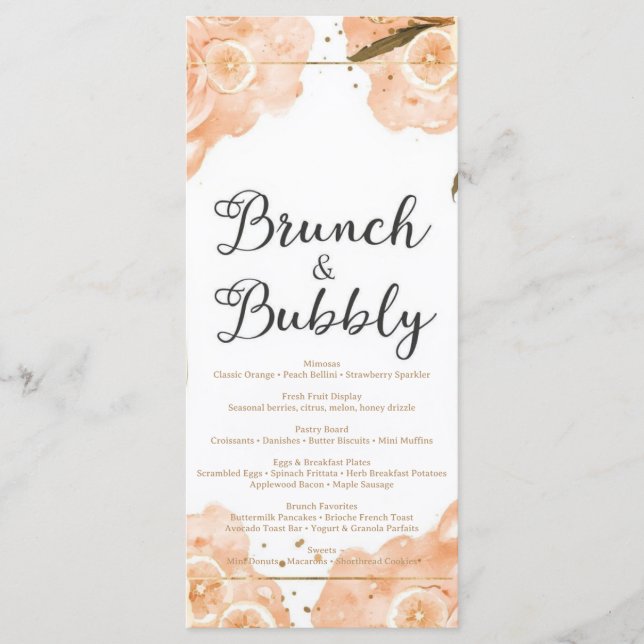 Brunch & Bubbly Menu Card – Peach Watercolor Menükarte (Vorderseite)