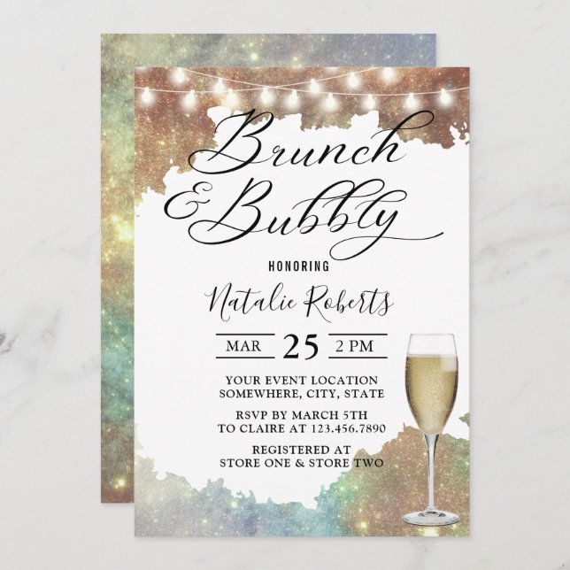 Brunch & Bubbly Modernes Glitzer Brautparty Einladung (Vorne/Hinten)