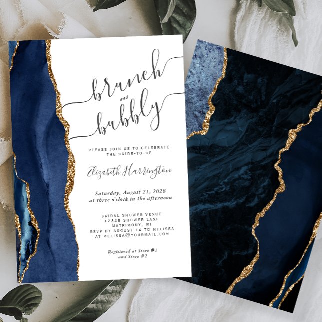 Brunch & Bubbly Navy Blue Gold Agate Brautparty Einladung (Von Creator hochgeladen)