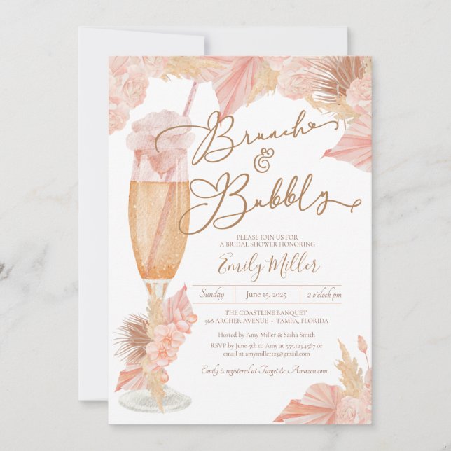 Brunch & Bubbly Pampas Grass Boho Brautparty Einladung (Vorderseite)