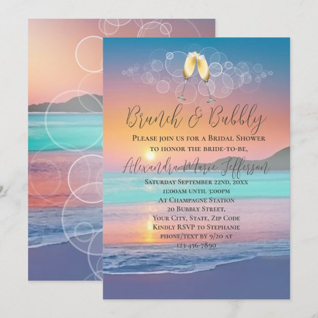 Brunch Bubbly Pastell Sunset Beach Brautparty Einladung (Vorne/Hinten)