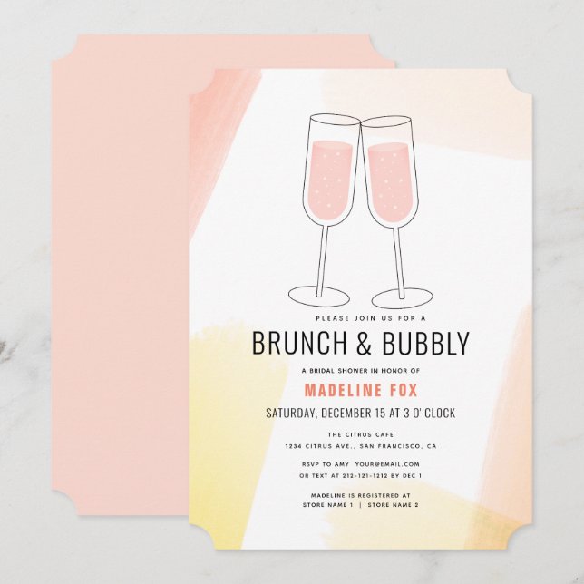 Brunch & Bubbly Peach Champagne Brautparty Einladung (Vorne/Hinten)
