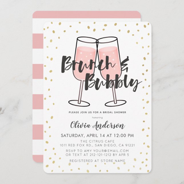 Brunch & Bubbly Pink Champagner Brautparty Einladung (Vorne/Hinten)