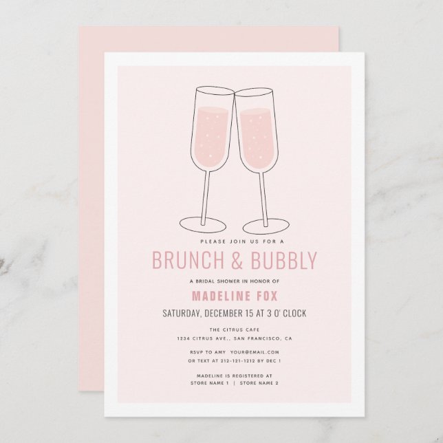 Brunch & Bubbly Pink Champagner Brautparty Einladung (Vorne/Hinten)