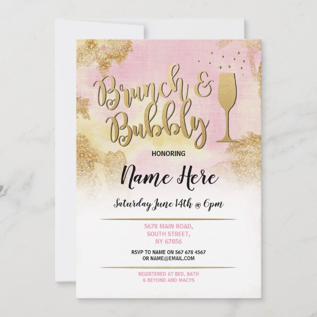Brunch & Bubbly Pink Gold Brautparty Einladung (Vorderseite)