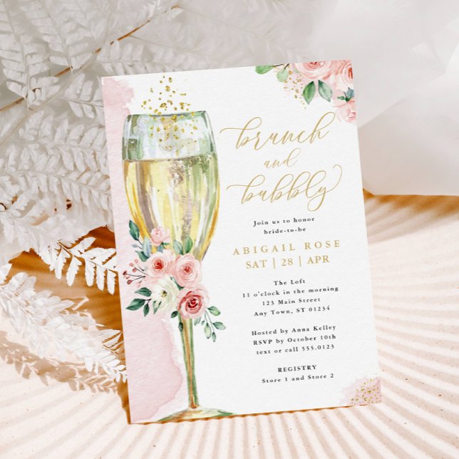 Brunch & Bubbly Pink Gold Floral Bridal Shower Einladung (Von Creator hochgeladen)